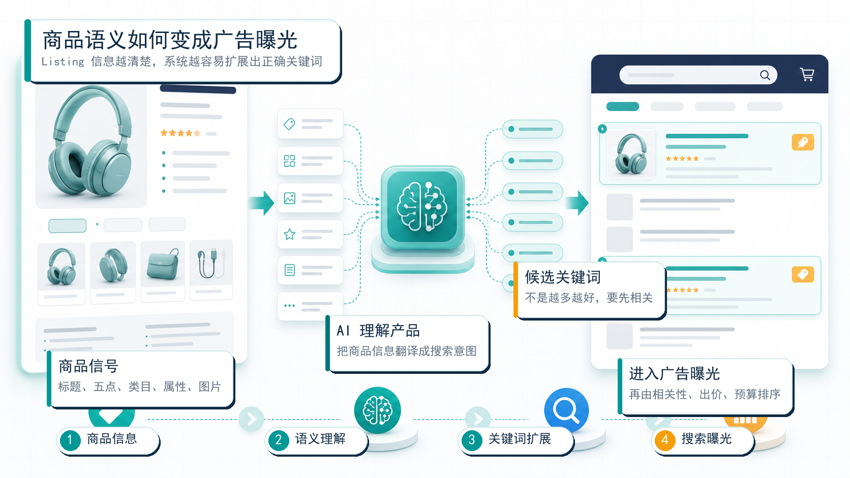 图解：广告系统不是先看广告后台，而是先从 Listing、类目、属性、图片等商品信号里理解产品，再把商品语义翻译成可能的搜索词，最后进入广告曝光场景。