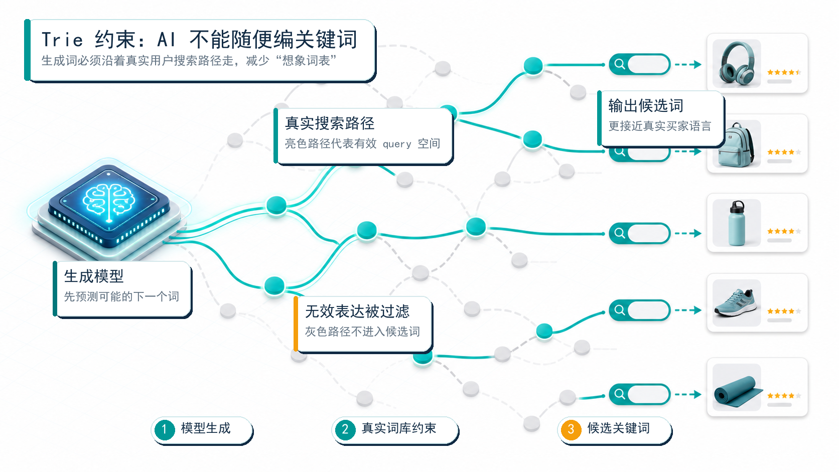 图解：Trie-based decoding 的核心不是让 AI 随便编词，而是让模型沿着真实搜索词空间里的有效路径生成候选关键词。灰色路径代表被约束掉的无效表达。