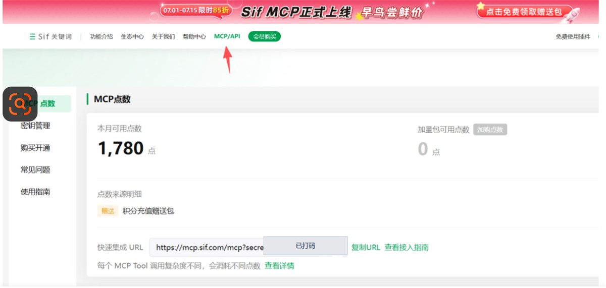 实操图 1:在 Sif 后台找到 MCP/API 页面